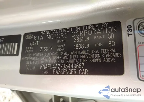 2011 Kia Forte Ex from USA, damaged, VIN KNAFU4A27B5449667